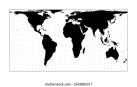 Black world map on white background. Cylindrical equal-area projection. Plain world geographical map with graticule lines. Vector illustration.