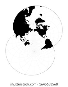 Black world map on white background. Modified stereographic projection for the Pacific ocean. Plan world geographical map with graticlue lines. Vector illustration.