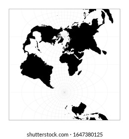 Black world map on white background. Transverse spherical Mercator projection. Plan world geographical map with graticlue lines. Vector illustration.