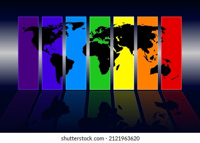 Black World Map and rainbow colors stripes reflected on blue background