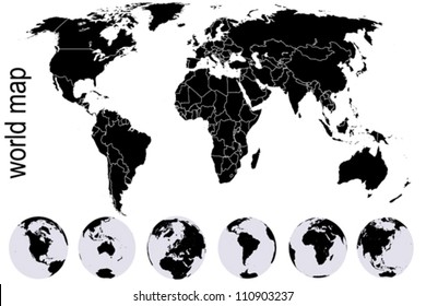 Black world map with set of Earth globes