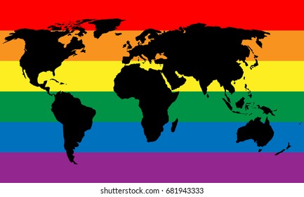 Black world map silhouette on LGBT rainbow pride flag background. Lesbian, gay, bisexual, and transgender stylish design element. Simple flat vector illustration.