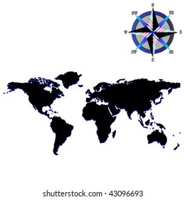 black world map with wind rose, abstract drawing; vector art illustration