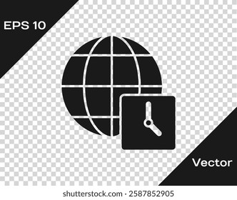 Black World time icon isolated on transparent background. Clock and globe.  Vector