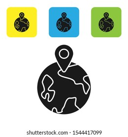 Black Worldwide icon isolated on white background. Pin on globe. Set of colorful square icon buttons. Vector Illustration