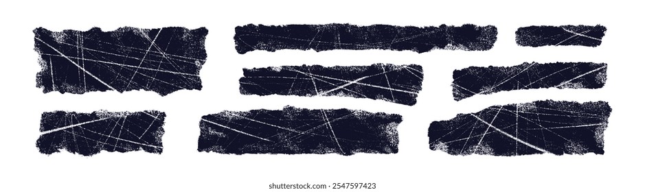 Papel preto usado, conjunto de tiras de textura. Efeito Grunge. Retângulo do rótulo da borda e folha de borda antiga. Distress pó de superfície de grão e conceito de fundo áspero. Carimbos vetoriais para design de banner de mídia social