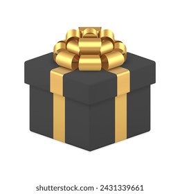 Caja de regalo premium envuelta en negro con cinta de lazo de oro paquete festivo icono 3d ilustración vectorial realista. Moda elegante paquete de regalo de lujo felicitaciones de vacaciones evento celebrar