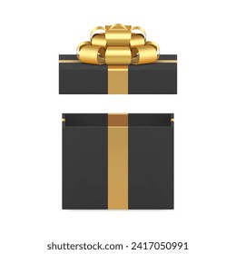 Black wrapped rectangular open gift box with luxury golden bow ribbon 3d icon realistic vector