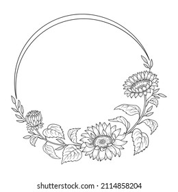 Black wreath with sunflower in botanical line art style. Flowers, buds, leaves of sunflowers and the frame in the form of a circle. Hand drawn vector illustration for your design.