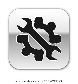 Black Wrench and gear icon isolated on white background. Adjusting, service, setting, maintenance, repair, fixing. Silver square button. Vector Illustration