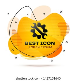 Black Wrench and gear icon isolated on white background. Adjusting, service, setting, maintenance, repair, fixing. Fluid color banner. Vector Illustration