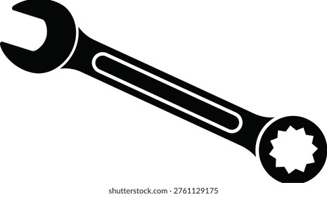 Black wrench icon with open and box ends, professional hardware tool for mechanical repair, maintenance and diy engineering projects, isolated.