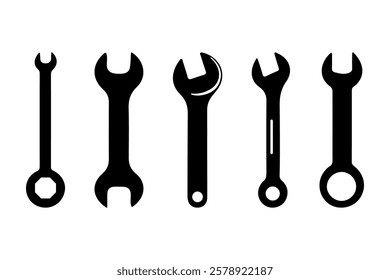 Black wrench silhouettes designed for industrial, repair and construction themed projects.