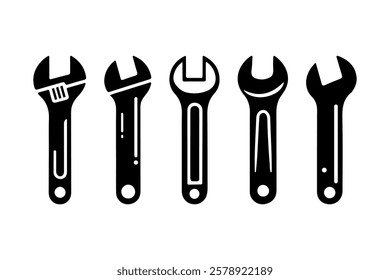 Black wrench silhouettes designed for industrial, repair and construction themed projects.