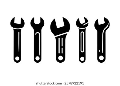 Black wrench silhouettes designed for industrial, repair and construction themed projects.