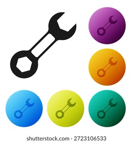 Icono de llave inglesa negro aislado sobre fondo blanco. Establezca los íconos en Botones de círculo de color. Vector