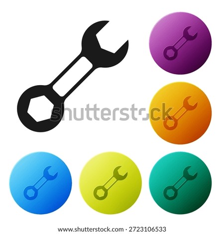 Black Wrench spanner icon isolated on white background. Set icons in color circle buttons. Vector