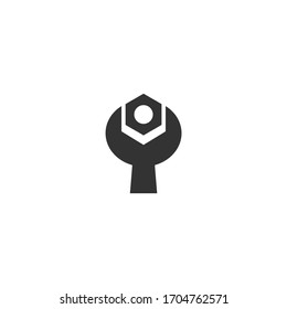 Black wrench or spanner with screw nut icon isolated on white. house repair tool. Maintain, settings, support, fix button. Service symbol. Vector illustration.
