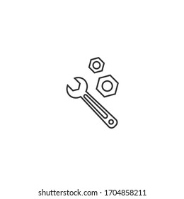 Black wrench or spanner with screw nut icon isolated on white. house repair tool. Maintain, settings, support, fix button. Service symbol. Vector illustration.