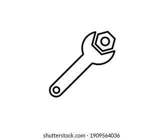 Black wrench or spanner with screw nut icon isolated on white. house repair tool. Maintain, settings, support, fix button. Service symbol. Vector illustration