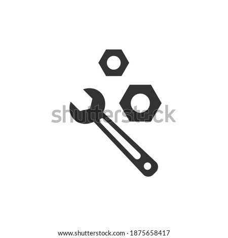 Black wrench or spanner with screw nut icon isolated on white. house repair tool. Maintain, settings, support, fix button. Service symbol. Vector illustration.