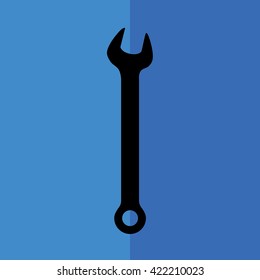 Black wrench tool vector icon illustration. Blue background