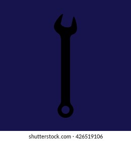 Black wrench tool vector icon illustration. Blue background