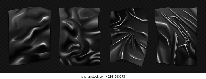 Black Wrinkled Latex Fabric, Plastic With Shiny Surface Set Vector Illustration. 3d Realistic Mockup Of Black Wrapping Paper Sheet, Elastic Cloth With Wrinkles And Satin Effect On Black Background