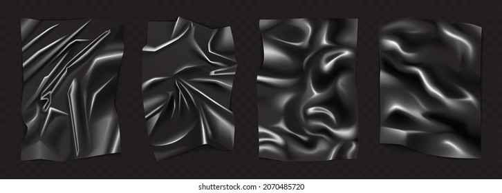 Hoja rectangular arrugada de color negro con imagen vectorial de conjunto de textura de látex. 3 quinquies realistas empaque de alimentos plásticos desmenuzados, papel lacado pegado o material de embalaje de estiramiento para estiramiento pvc sobre fondo negro