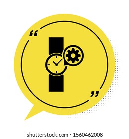Black Wrist watch and gear icon isolated on white background. Adjusting app, service concept, setting options, maintenance, repair, fixing. Yellow speech bubble symbol. Vector Illustration