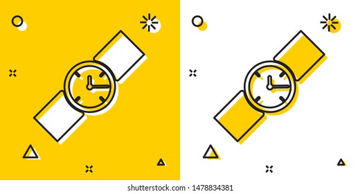 Black Wrist watch icon isolated on yellow and white background. Wristwatch icon. Random dynamic shapes. Vector Illustration