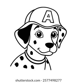 black and write outline A Dalmatian wearing a firefighter hat.