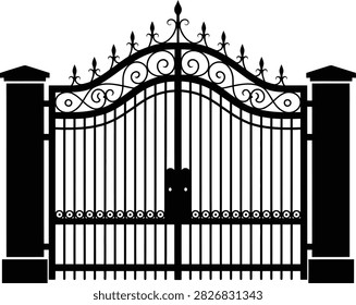 Black wrought iron decorative gate with pillars