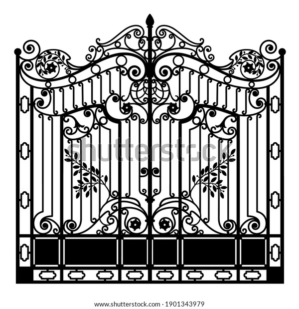 Black wrought iron gate with ornaments on a\
white background