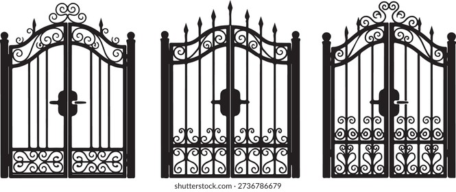 Black wrought iron gates with decorative scrollwork and spikes black gate decorative gate
