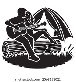 Black and wwhite vector silhouette of a love couple sitting on a log near a tent, with the man playing a guitar and the woman smiling beside him. Isolated love pair silhouettes on white background.