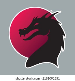 Black wyvern on the rising sun as sticker for design websites, applications, clothes or social network communication. Dark dragon on the red background for design your logo, icon or sign.