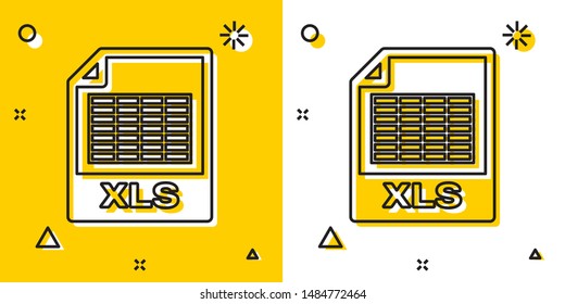 Black XLS file document. Download xls button icon isolated on yellow and white background. Excel file symbol. Random dynamic shapes. Vector Illustration
