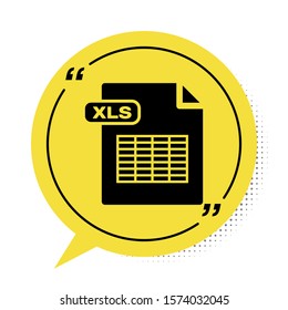 Black XLS file document. Download xls button icon isolated on white background. Excel file symbol. Yellow speech bubble symbol. Vector Illustration