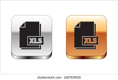 Black XLS file document. Download xls button icon isolated on white background. Excel file symbol. Silver-gold square button. Vector Illustration