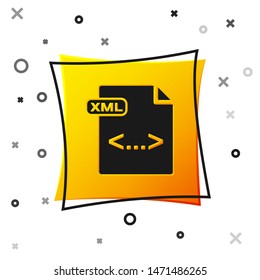Black XML file document. Download xml button icon isolated on white background. XML file symbol. Yellow square button. Vector Illustration