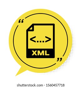 Black XML file document. Download xml button icon isolated on white background. XML file symbol. Yellow speech bubble symbol. Vector Illustration