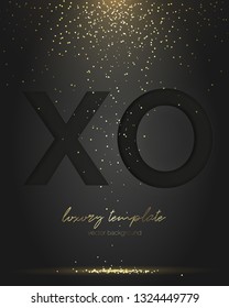 Black XO paper cut letter. Falling Golden confetti. Luxury greeting. Vector. Glamorous greeting design template. Suitable for any holiday, new Year, Christmas, birthday, anniversary or invitation.