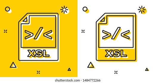Black XSL file document. Download xsl button icon isolated on yellow and white background. Excel file symbol. Random dynamic shapes. Vector Illustration