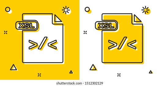 Black XSL file document. Download xsl button icon isolated on yellow and white background. Excel file symbol. Random dynamic shapes. Vector Illustration