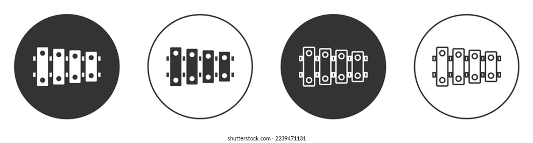 Black Xylophone - musical instrument with thirteen wooden bars and two percussion mallets icon isolated on white background. Circle button. Vector