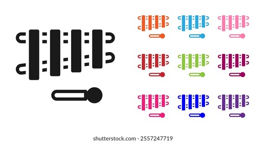 Black Xylophone - musical instrument with thirteen wooden bars and two percussion mallets icon isolated on white background. Set icons colorful. Vector