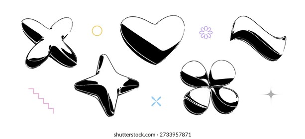 Black y2k abstract shapes in 3d inflated style. Techno star, flower, wave, heart design element collection. Vector grunge balloon icon set for poster, banner, collage, flyer, streetwear, party print