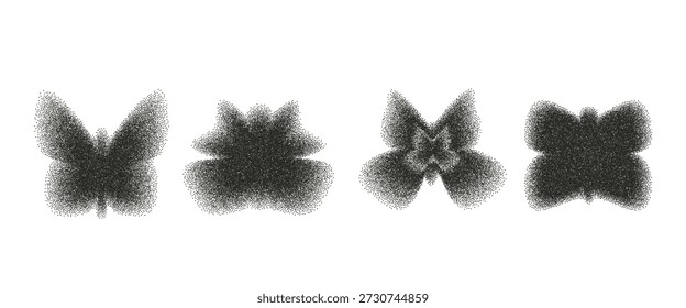 Black y2k grain gradient butterfly icon. Black charcoal dot gradation airbrush flying spray illustration. Vector noir emo aesthetic grainy butterflies figures with sand dust texture isolated no bg.