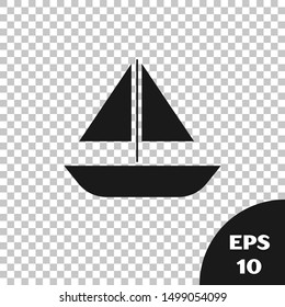 Black Yacht sailboat or sailing ship icon isolated on transparent background. Sail boat marine cruise travel.  Vector Illustration